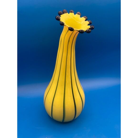 Czech Eastern Art Glass Tall Flower Vase Yellow 12" tall blown blue stripes nibs - Picture 1 of 4